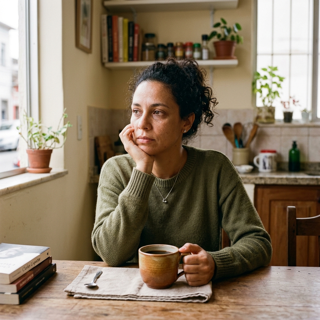 Mulher sentada à mesa da cozinha com uma xícara de café, olhar gentil e levemente cansado