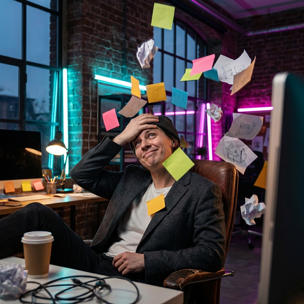 Criativo sobrecarregado mas sorrindo