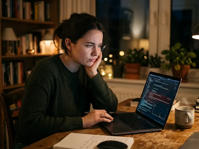 Pessoa pensativa diante da tela de um notebook com frustração leve
