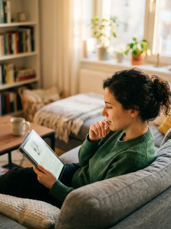 Pessoa lendo o livro digital no tablet com foco e tranquilidade em um sofá